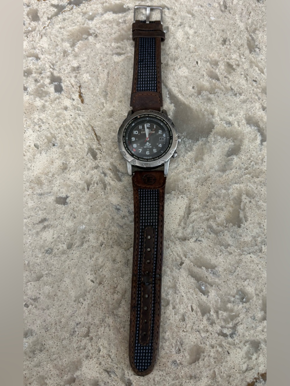 Timex Silver Case Watch with Black Dial and Brown Strap